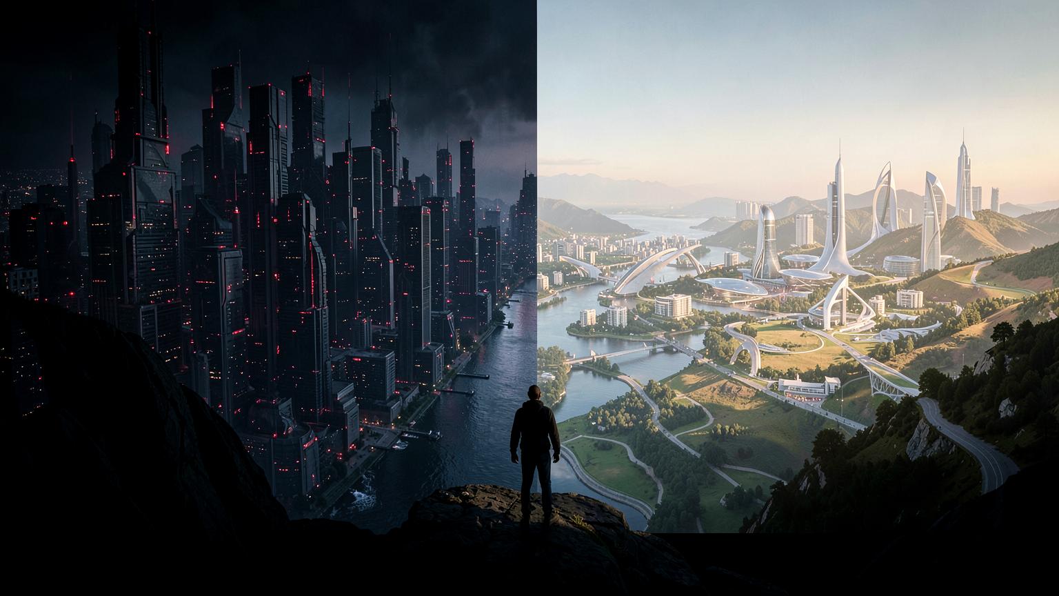 A person facing two sharply divided versions of a future city