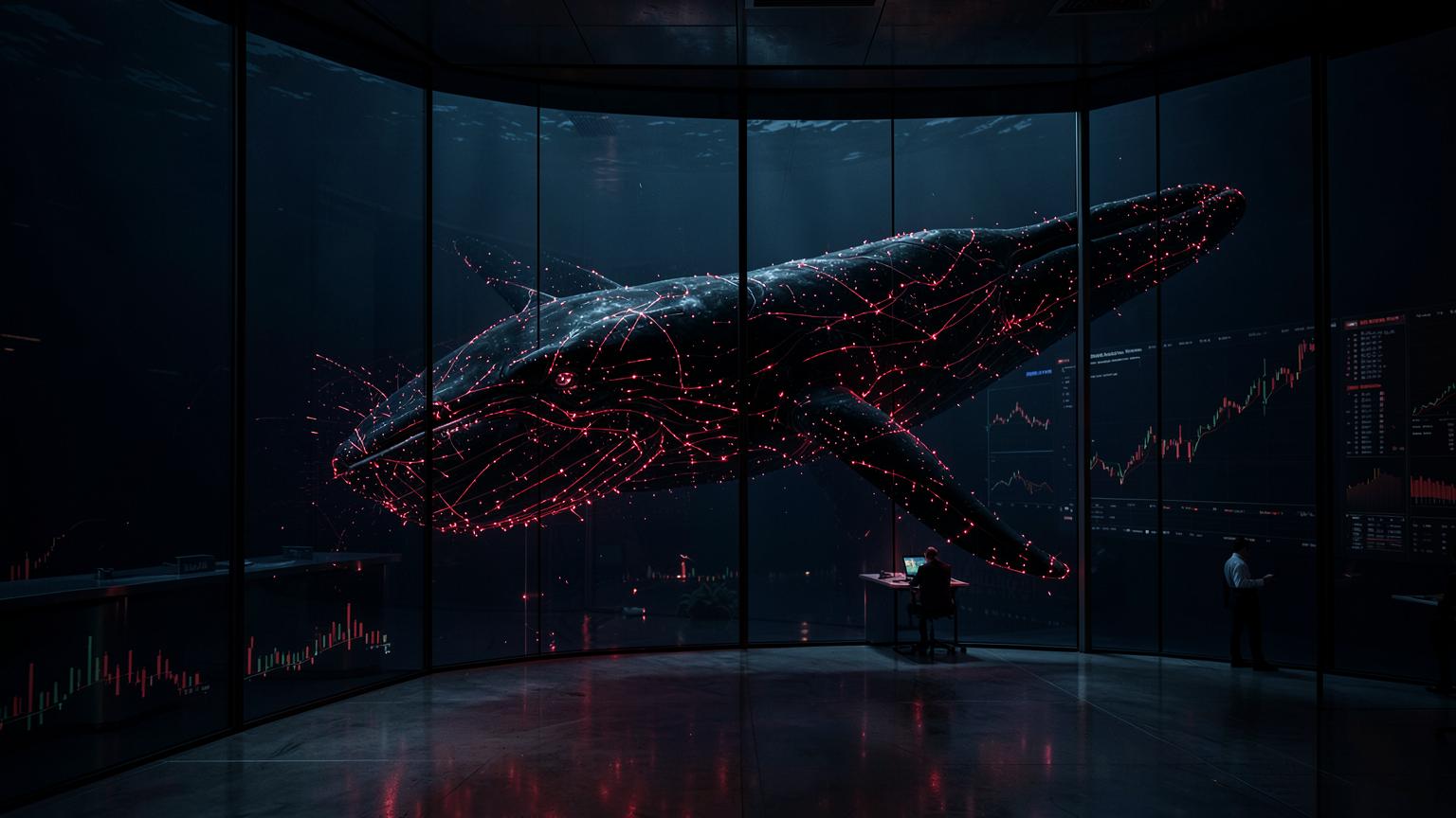 A luminous digital whale crossing a dark trading room