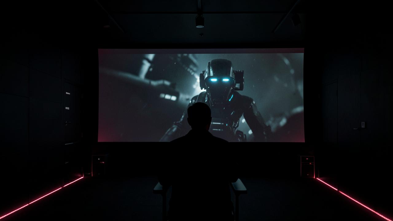 A viewer watching a finished science fiction film in a private screening room