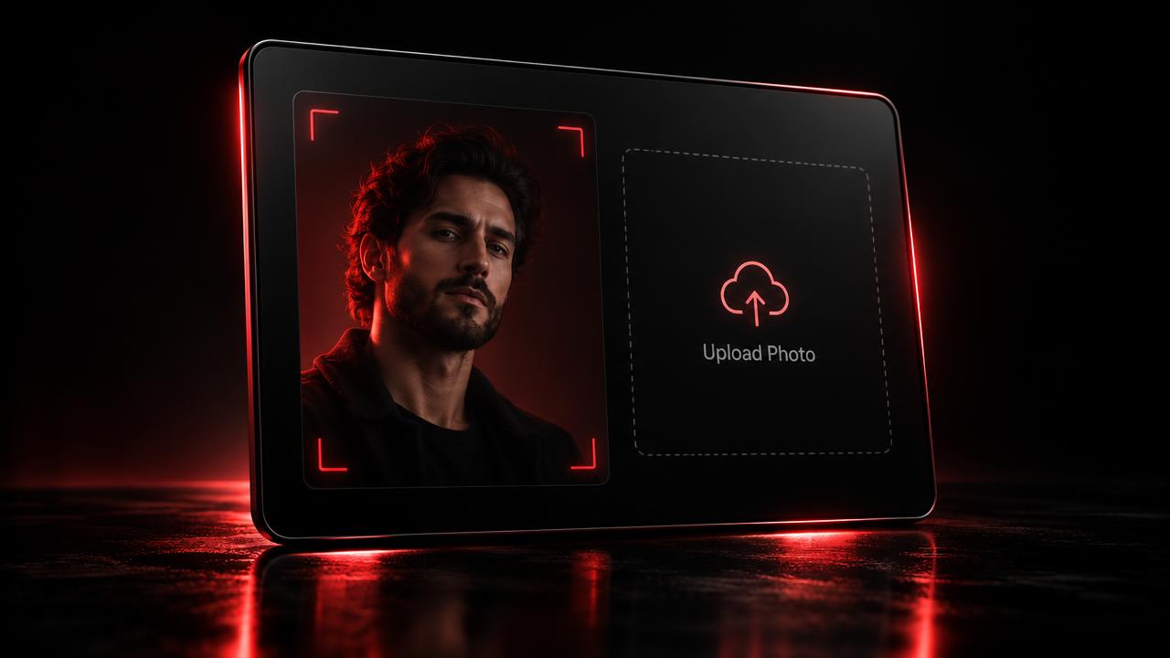 A portrait framed inside an upload panel